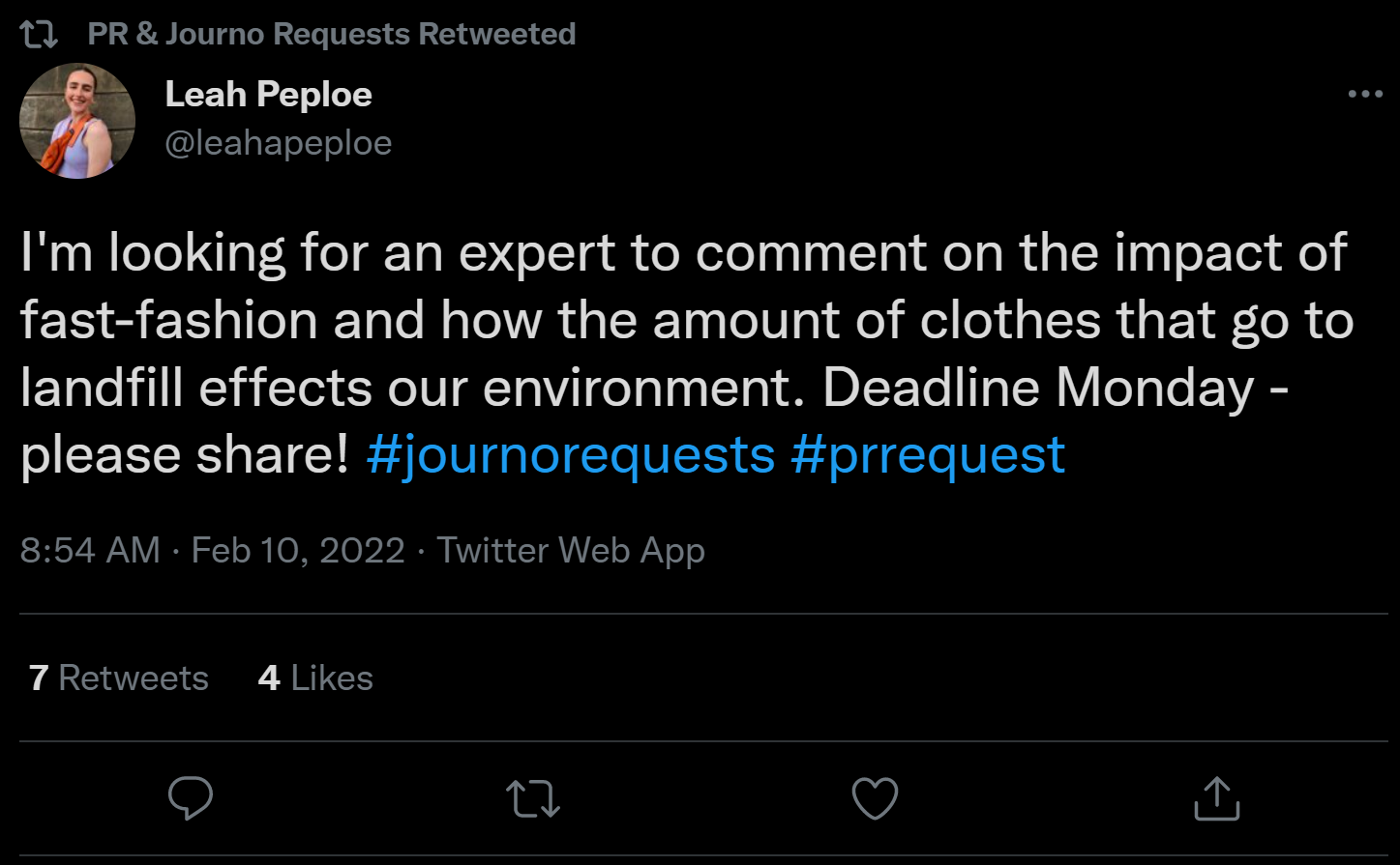 [Screenshot: Example of a journalist request on Twitter/X with #journorequest]