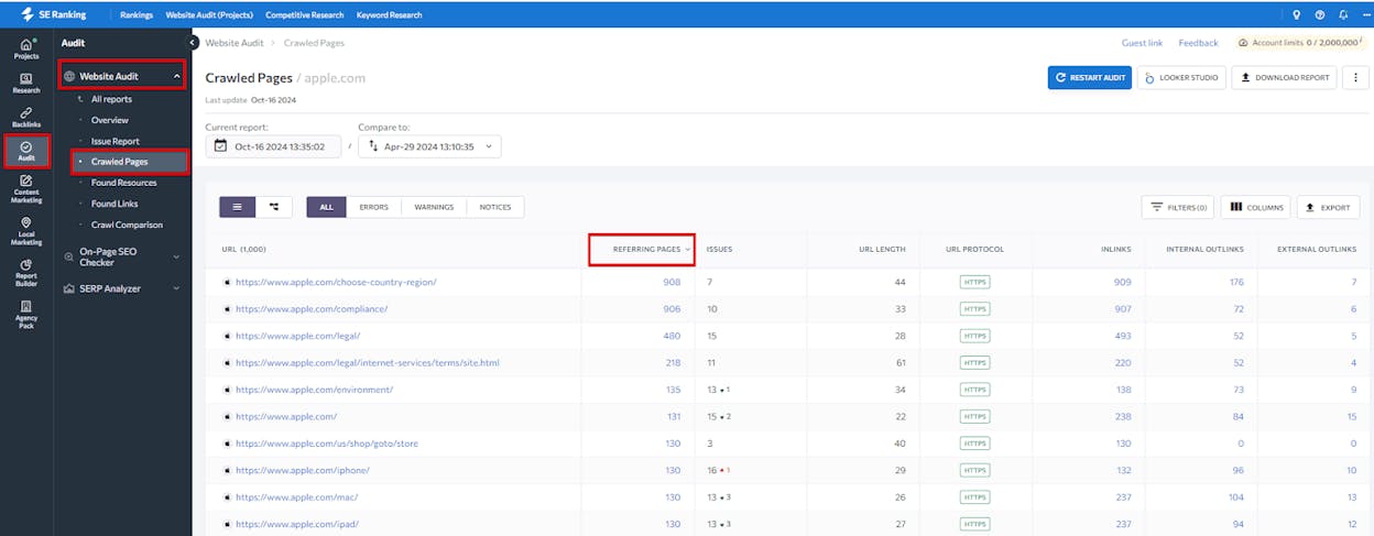 [Screenshot: SEO audit tool showing internal link opportunities&mdash;a page mentioning &ldquo;keyword research&rdquo; that could link to the keyword research guide]