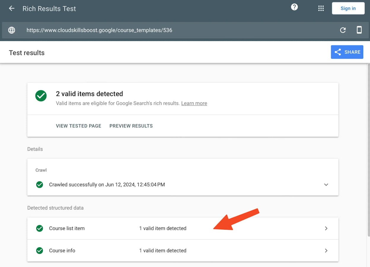 [Screenshot: Google Rich Results Test showing valid Article schema with eligible rich results highlighted]
