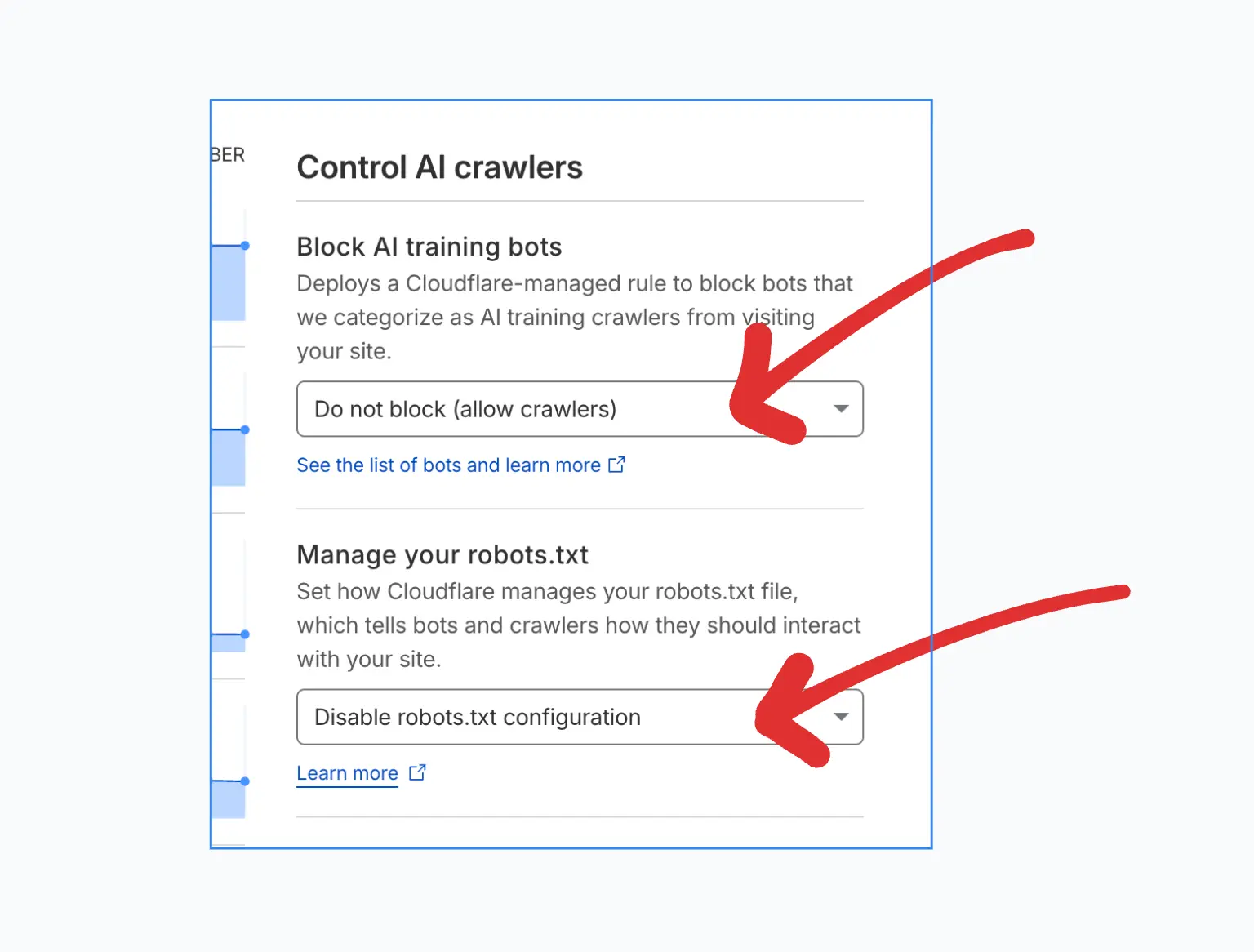 [Screenshot: Cloudflare bot management settings showing the AI Crawlers toggle with options to block or allow]