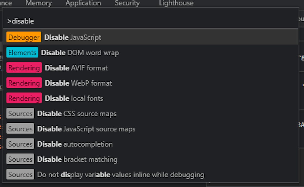 [Screenshot: Chrome DevTools command palette with &ldquo;Disable JavaScript&rdquo; highlighted]