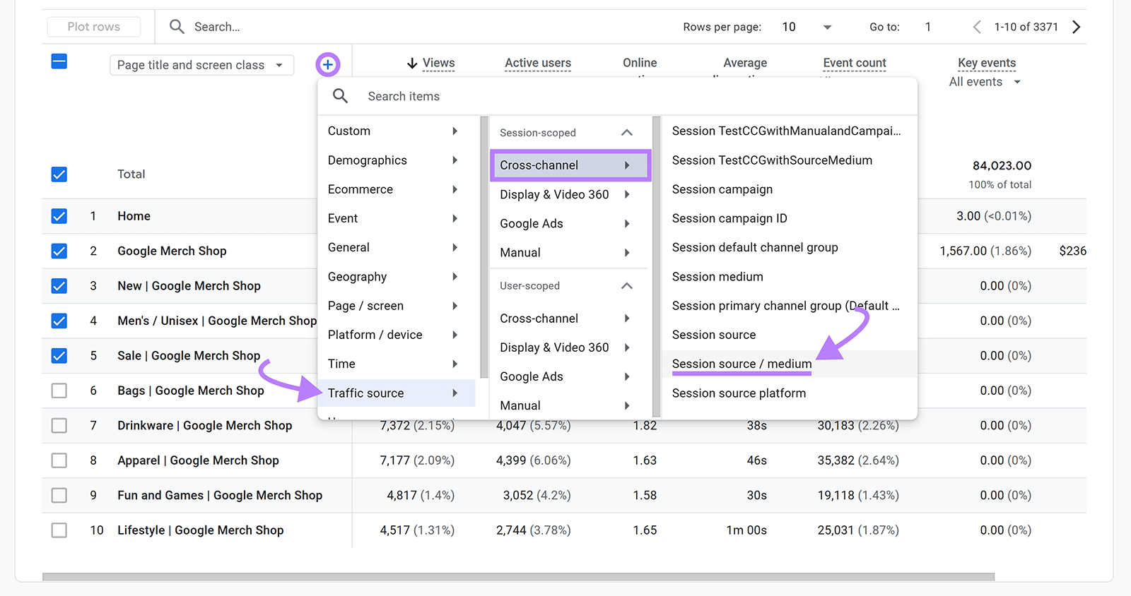[Screenshot: Analytics showing 404 pages with AI referral traffic, sorted by sessions]