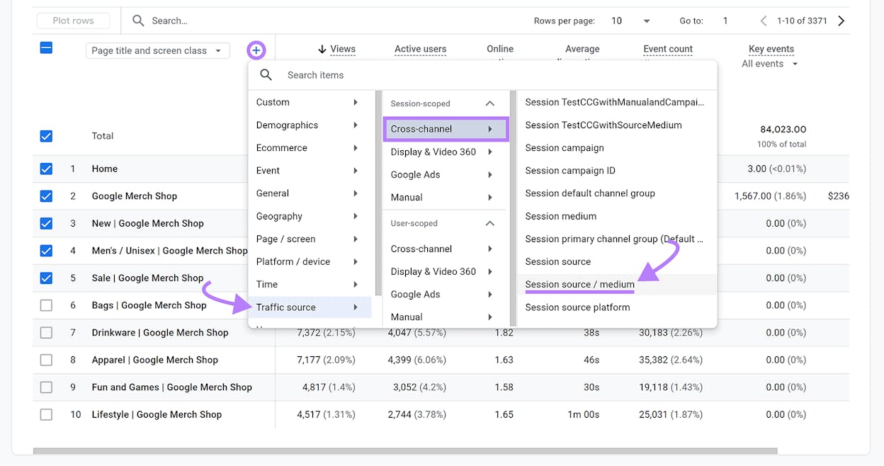 [Screenshot: Analytics showing 404 pages with AI referral traffic, sorted by sessions]