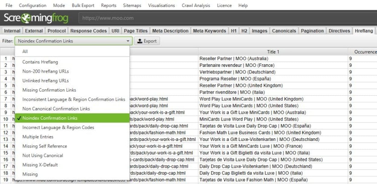 [Screenshot: SEO audit tool showing hreflang errors&mdash;missing reciprocal tags, invalid language codes, and missing self-references]
