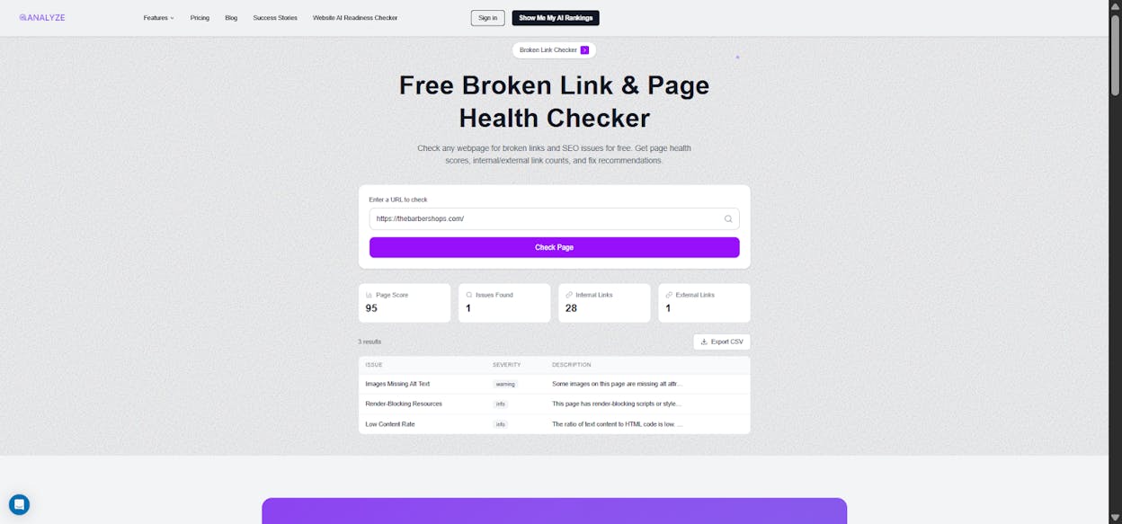 [Screenshot: Analyze AI Broken Link Checker results showing broken internal and external links with status codes and source pages]