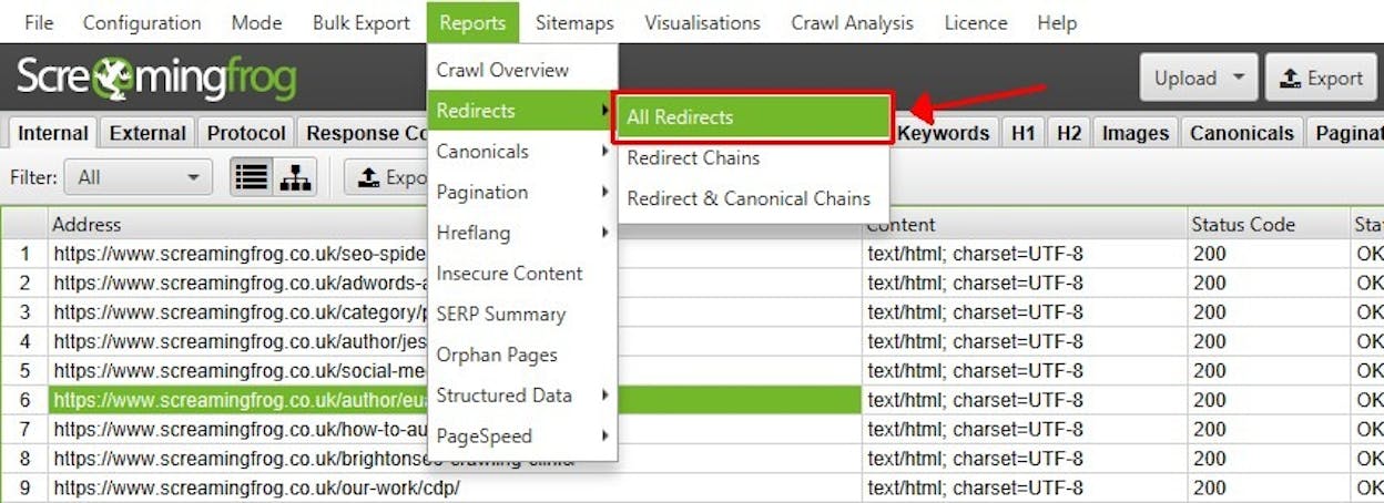 [Screenshot: SEO audit tool redirect chain report showing the chain from original URL through intermediate redirects to final destination]