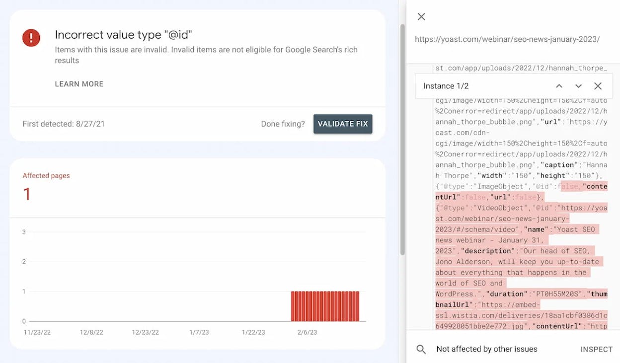 [Screenshot: Google Search Console Enhancements section showing structured data types with valid items and items with errors]