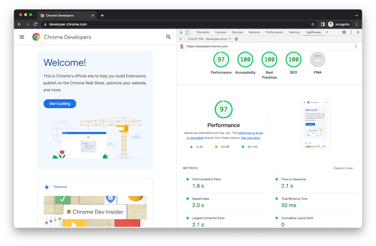 [Screenshot: Chrome DevTools Lighthouse tab showing a performance audit with scores for Performance, Accessibility, Best Practices, and SEO]