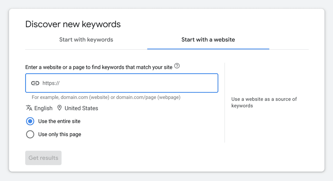 [Screenshot: Keyword Planner&rsquo;s &ldquo;Start with a website&rdquo; feature with a competitor URL entered]