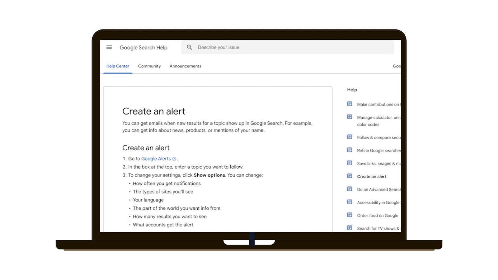 [Screenshot: Google Alerts setup page showing alert configuration options]