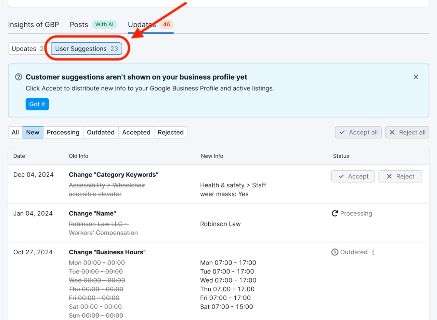 [Screenshot: GBP dashboard showing a list of Google-suggested changes to review]