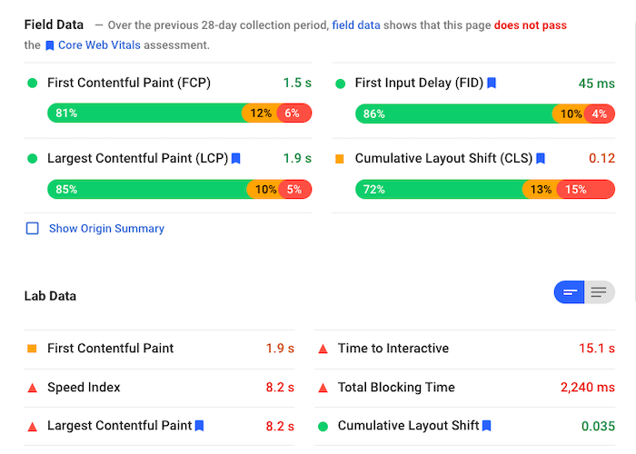 [Screenshot: PageSpeed Insights results showing field data vs. lab data sections]