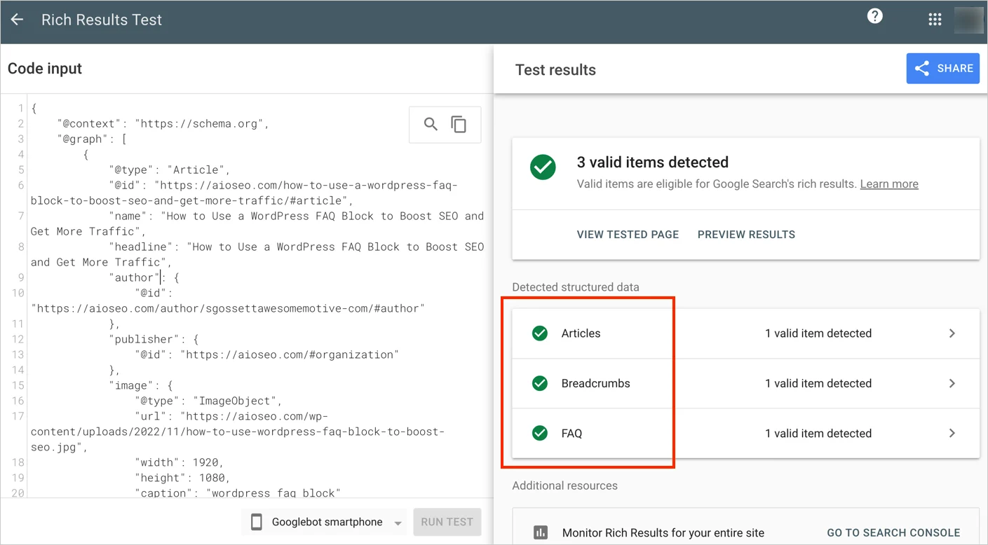 [Screenshot: Rich Results Test showing a URL check with detected structured data types and eligibility status]