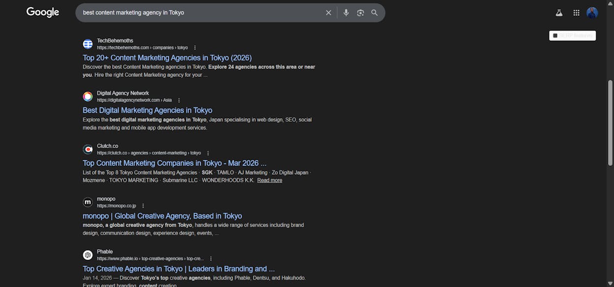 [Screenshot: Google SERP showing top-ranking results for a target keyword, with competitor domains highlighted]