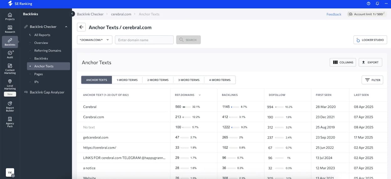 [Screenshot: SEO tool&rsquo;s Backlinks report showing all backlinks with columns for referring page, anchor text, domain rating, and traffic]