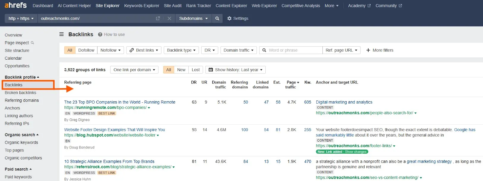 [Screenshot: Filter options in a Backlinks report showing dofollow, traffic, language, and &ldquo;one link per domain&rdquo; toggles]