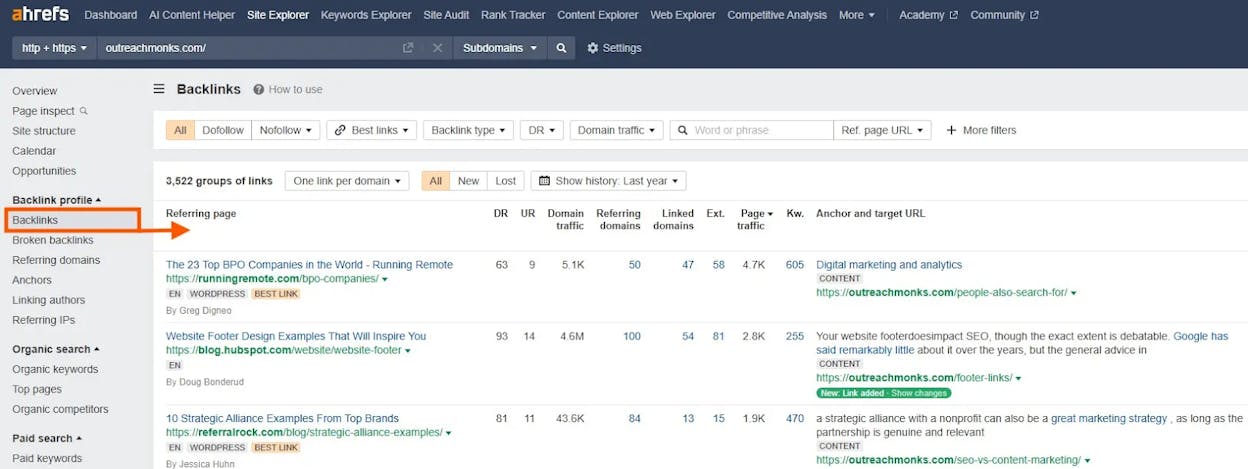 [Screenshot: Filter options in a Backlinks report showing dofollow, traffic, language, and &ldquo;one link per domain&rdquo; toggles]