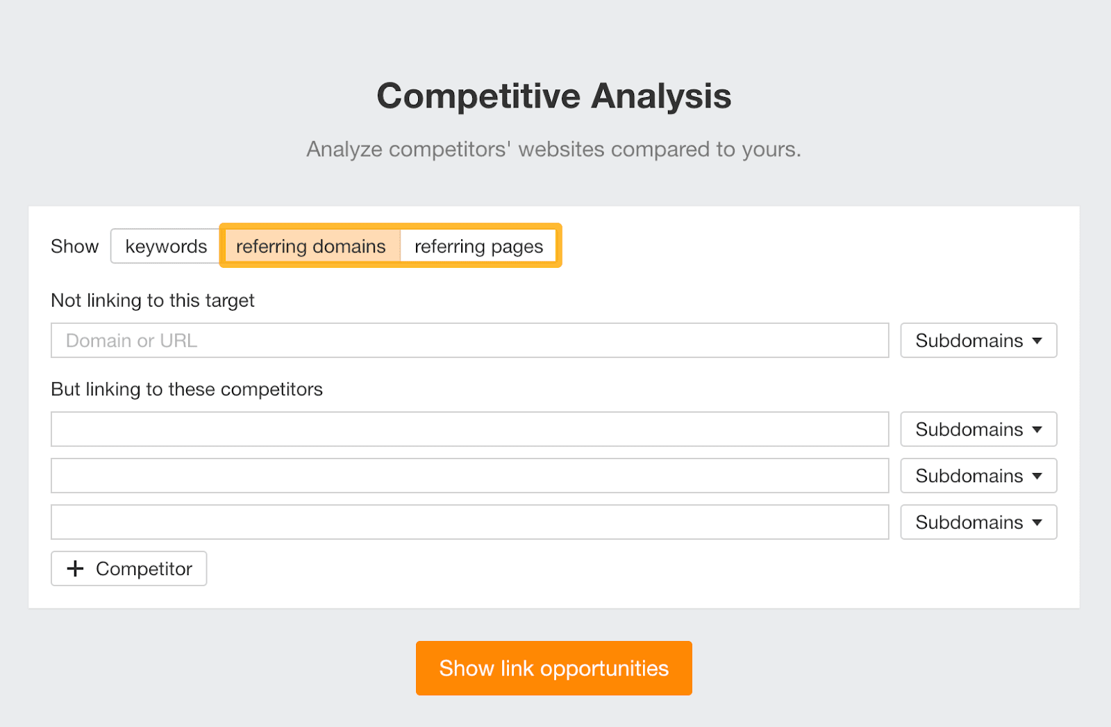 [Screenshot: Link Intersect tool setup with one target domain and four competitor domains entered, search mode set to &ldquo;domain&rdquo;]