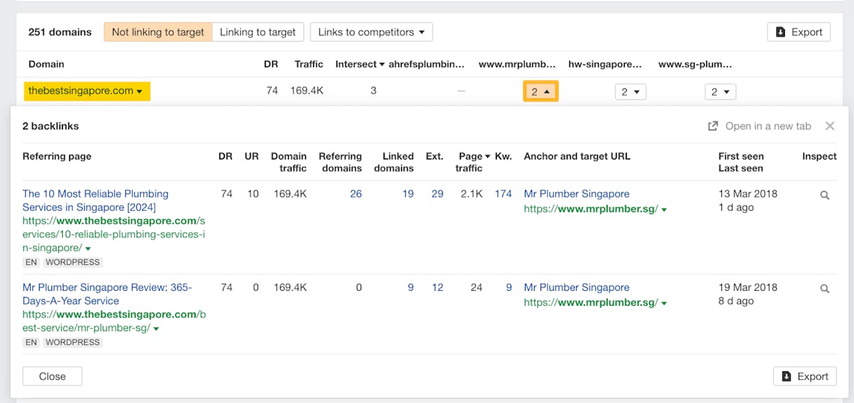 [Screenshot: Link Intersect results showing referring domains with check marks indicating which competitors they link to, sorted by intersect count]
