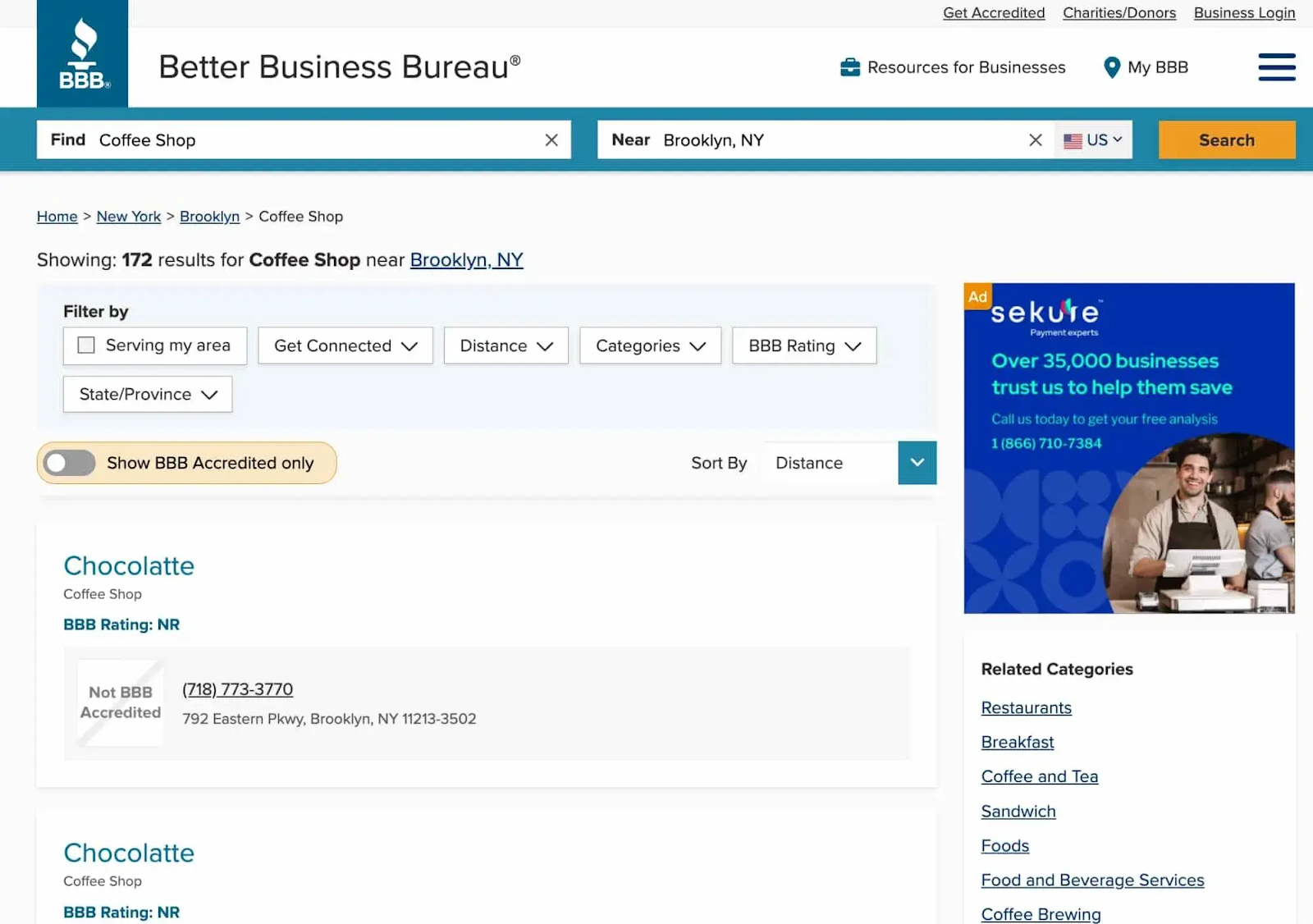 [Screenshot: Example directory listing page showing a business profile with name, address, website link, and other listed businesses on the same page]
