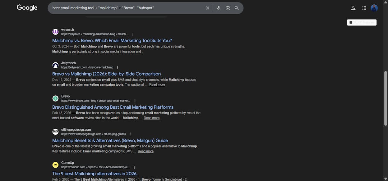 [Screenshot: Google search results showing listicle posts that mention multiple competitors in the title and description]