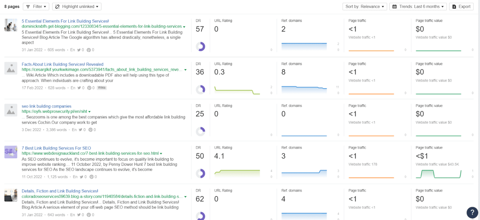 [Screenshot: Backlinks report filtered for URLs containing &ldquo;podcast&rdquo; or &ldquo;interview,&rdquo; showing results with podcast show notes linking back to the competitor]