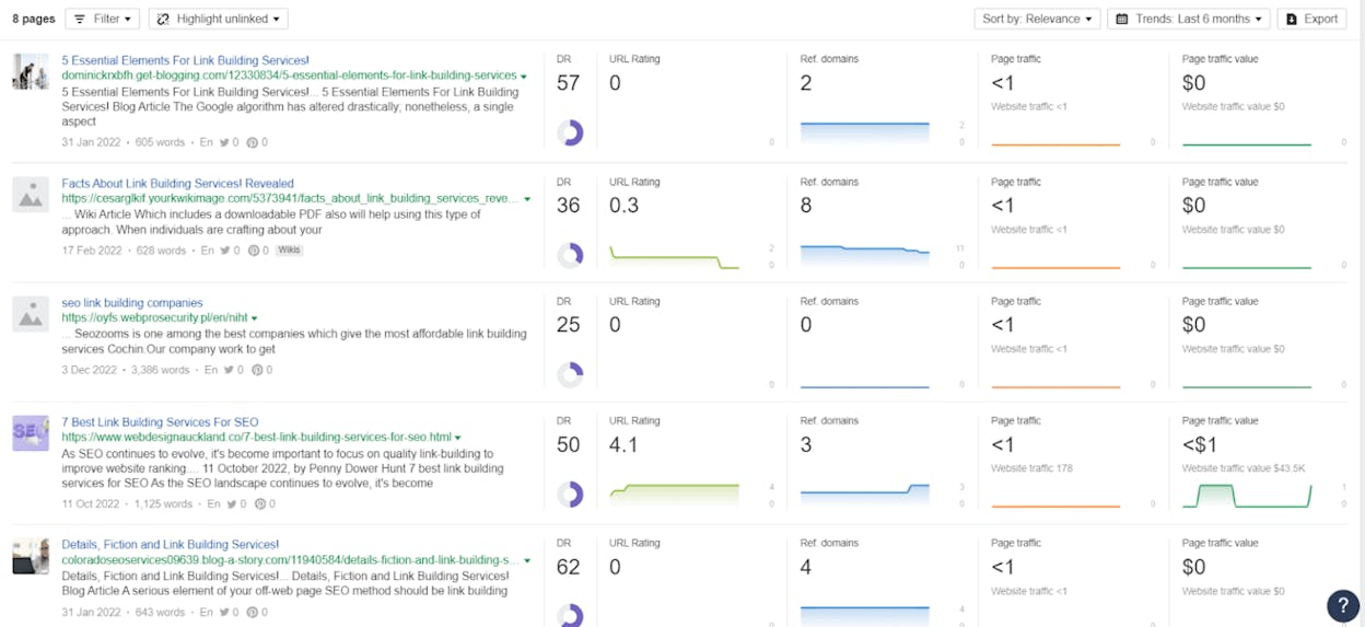 [Screenshot: Backlinks report filtered for URLs containing &ldquo;podcast&rdquo; or &ldquo;interview,&rdquo; showing results with podcast show notes linking back to the competitor]
