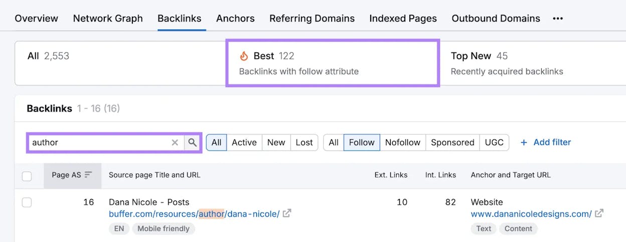 [Screenshot: Content discovery tool showing results filtered by author name, with guest post titles on various domains visible]