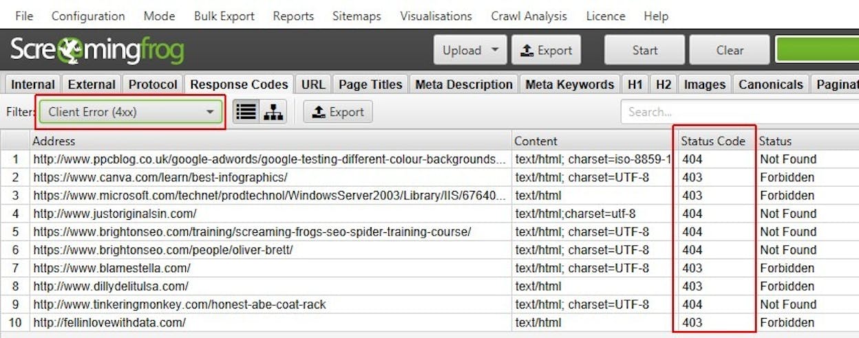 [Screenshot: Content discovery tool showing broken pages about a topic, filtered by minimum referring domains, with page titles and link counts visible]
