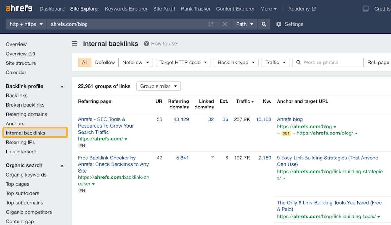 [Screenshot: &ldquo;Best by links&rdquo; report filtered for 3XX redirects, showing redirected pages with referring domain counts]