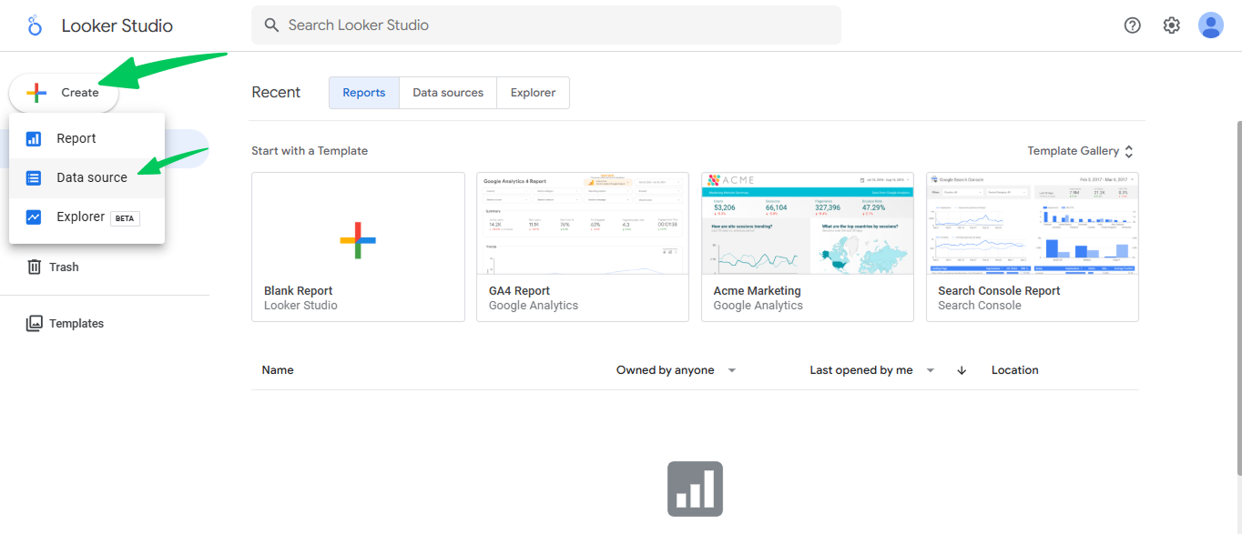 [Screenshot: Looker Studio with GA4 data source connected, showing Page path dimension and Sessions metric in a table]