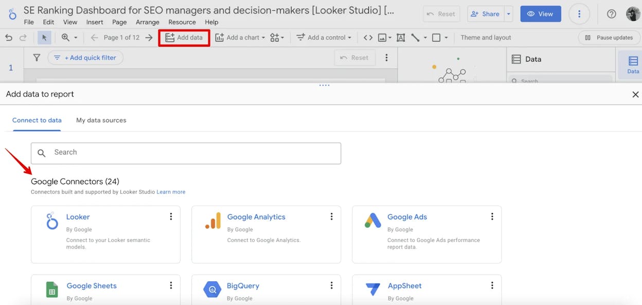 [Screenshot: Looker Studio with Search Console data source, showing Landing page dimension and Impressions metric]