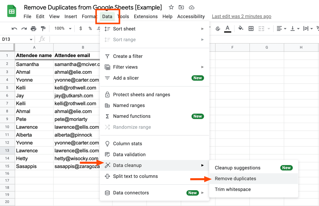 [Screenshot: Google Sheets with combined URL list and the Remove duplicates dialog open]