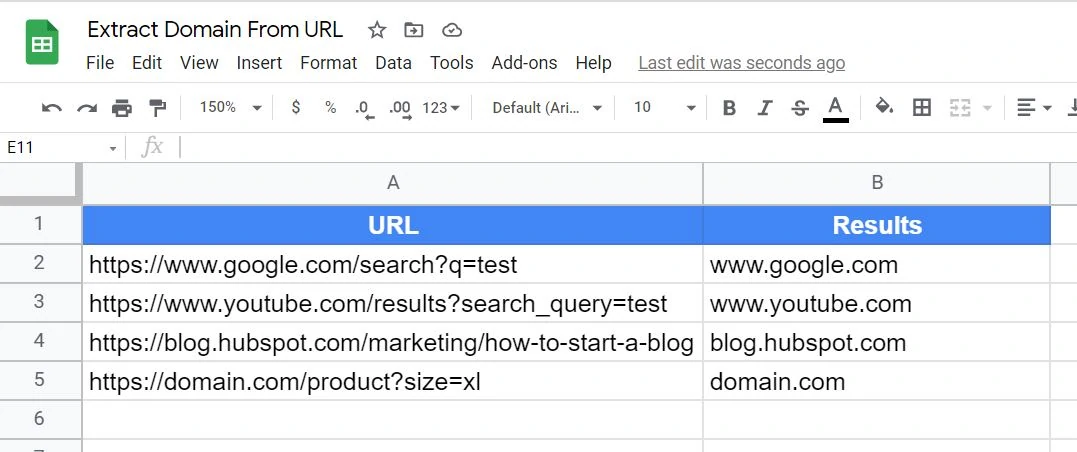 [Screenshot: Google Sheets &ldquo;hits&rdquo; tab with a column of URLs]