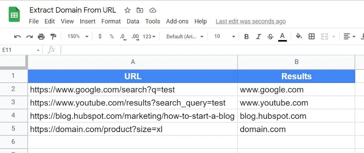 [Screenshot: Google Sheets &ldquo;hits&rdquo; tab with a column of URLs]