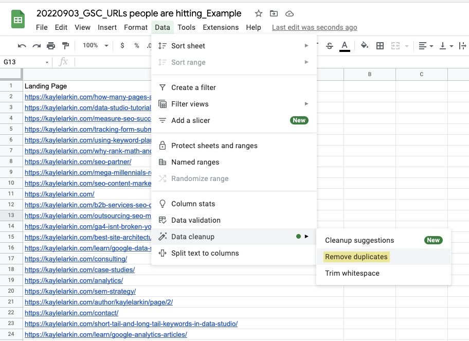 [Screenshot: Google Sheets &ldquo;cross-reference&rdquo; tab showing the formula result&mdash;a list of orphan URLs]