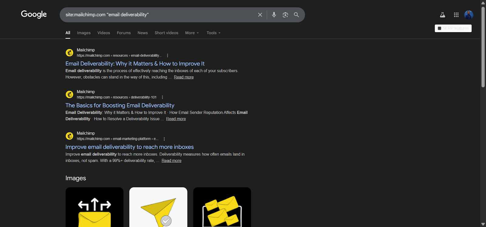 [Screenshot: Google search results using the site: operator, showing pages on the same domain that mention the topic]