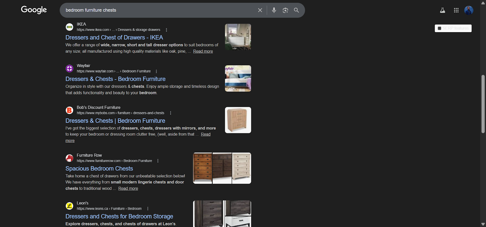 [Screenshot: Google search results for 'bedroom furniture chests' showing the same top-ranking pages as 'dressers']