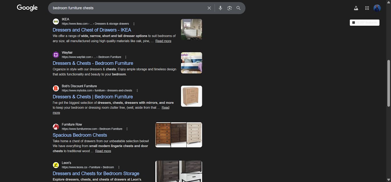 [Screenshot: Google search results for 'bedroom furniture chests' showing the same top-ranking pages as 'dressers']