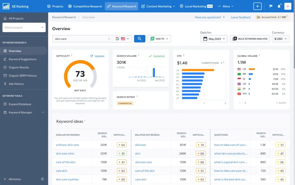 [Screenshot: Keyword research tool with volume filter set to max 300 and KD filter set to max 30, showing a list of long-tail keyword opportunities]