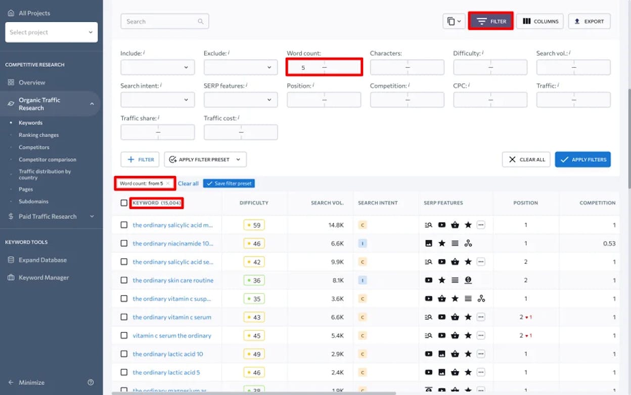 [Screenshot: Site analysis tool showing a competitor's organic keywords filtered to max 300 volume, revealing long-tail keywords they rank for]