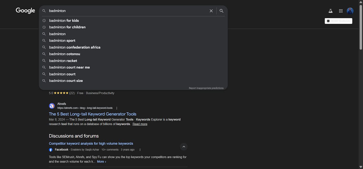 [Screenshot: Google search bar showing autocomplete suggestions for a seed keyword, with long-tail variations highlighted]