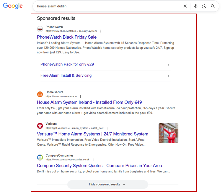 [Screenshot: Google search result showing paid ads at the top labeled &ldquo;Sponsored&rdquo;]