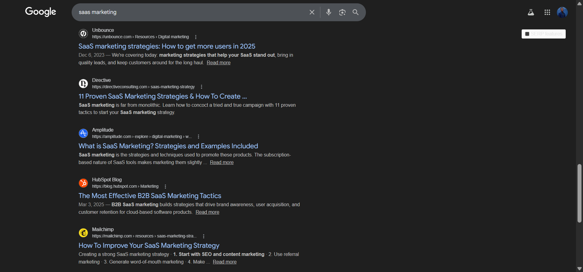 [Screenshot: Google search results for a keyword showing the types of content that rank &mdash; blog posts, listicles, etc.]