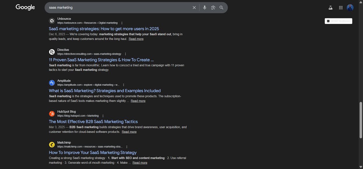 [Screenshot: Google search results for a keyword showing the types of content that rank &mdash; blog posts, listicles, etc.]