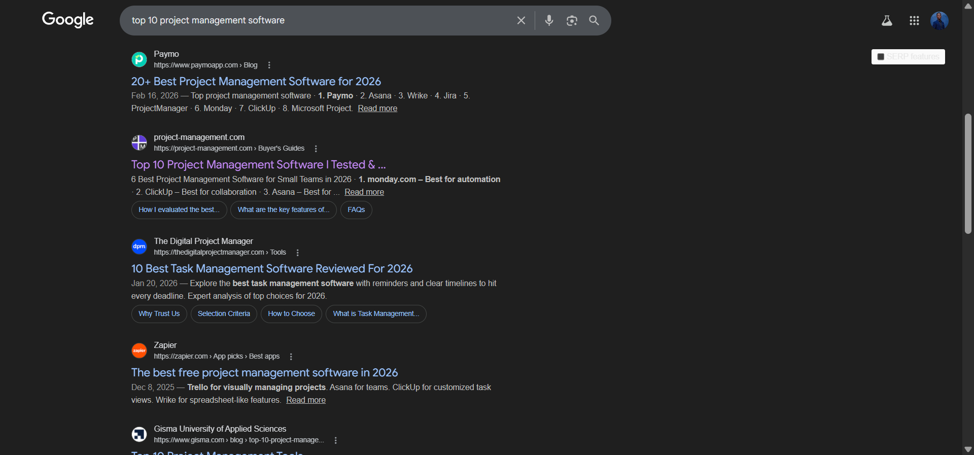 [Screenshot: Google search results showing the common structure and angle of top-ranking pages for a keyword]