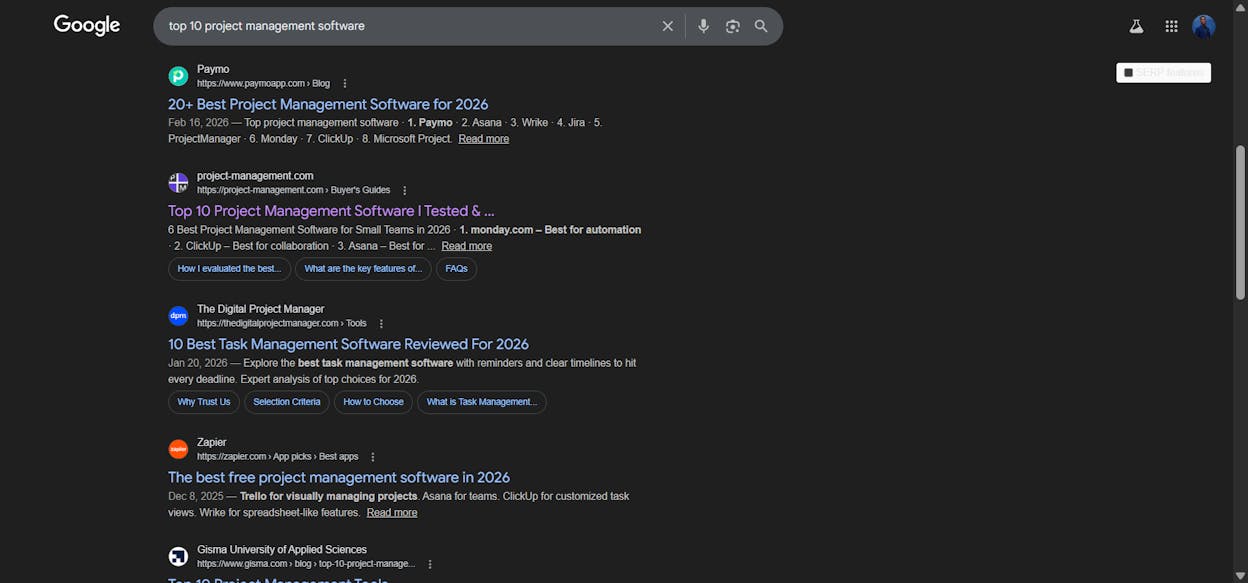 [Screenshot: Google search results showing the common structure and angle of top-ranking pages for a keyword]