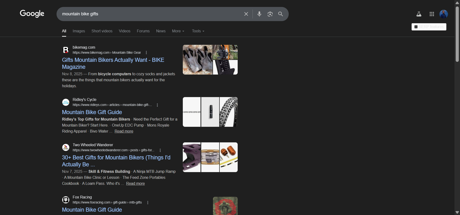 [Screenshot: SERP results for &ldquo;mountain bike gifts&rdquo; showing a low-DR cycling site outranking Amazon]