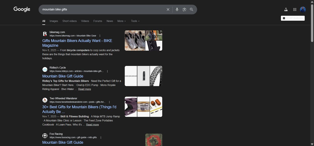 [Screenshot: SERP results for &ldquo;mountain bike gifts&rdquo; showing a low-DR cycling site outranking Amazon]