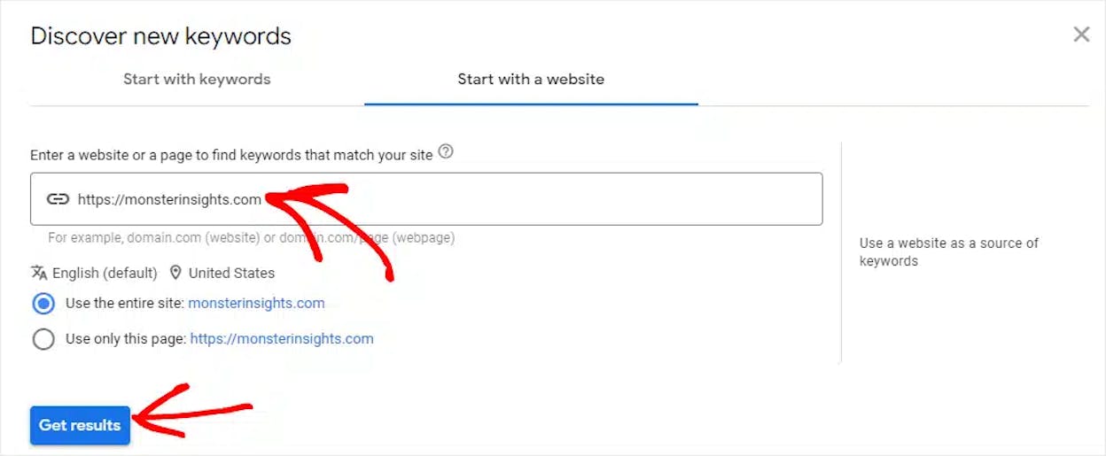 [Screenshot: Google Keyword Planner with a URL entered instead of a keyword, showing niche-specific results]